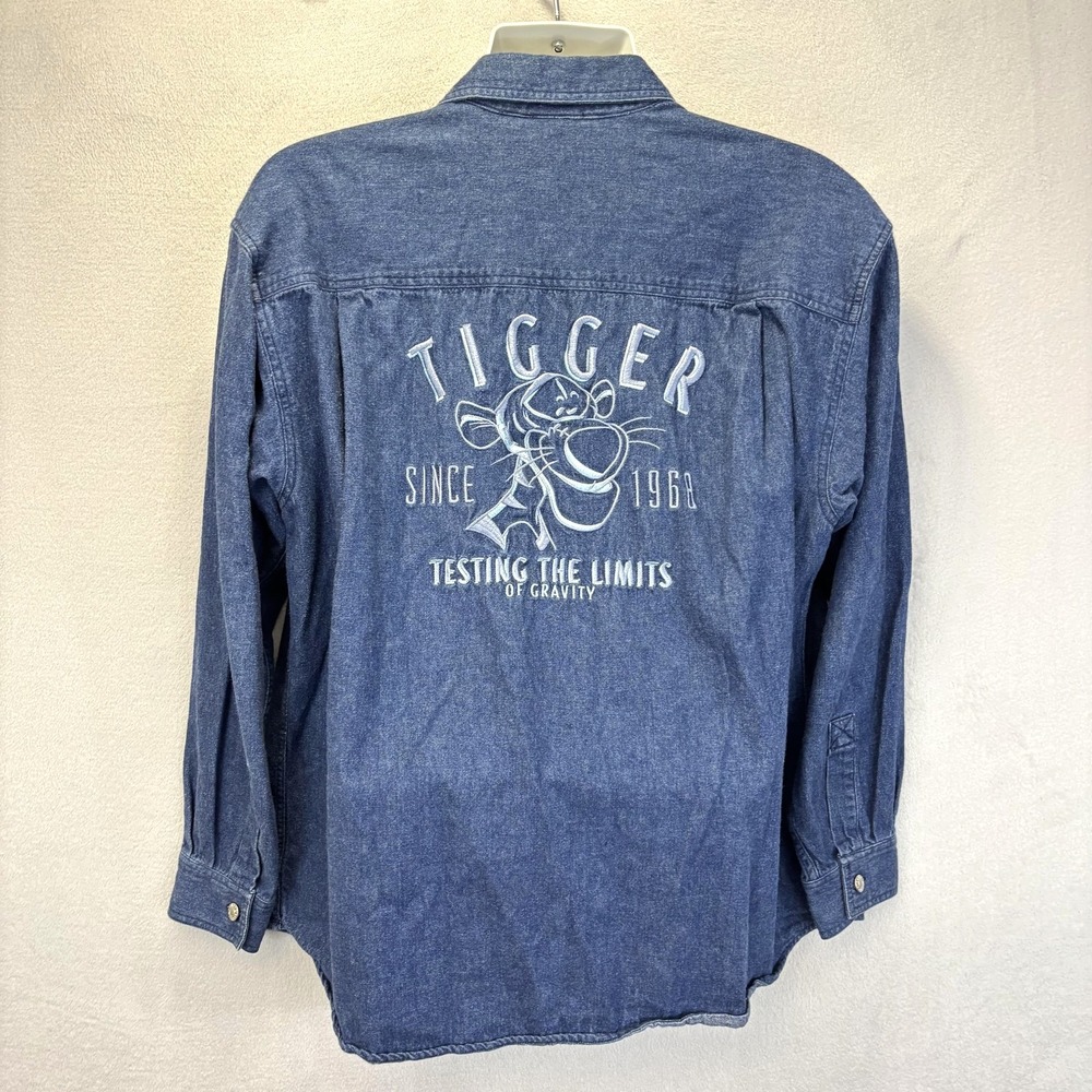 Vintage Disney Tigger Denim Button Up Shirt Mens Large Blue Embroidered